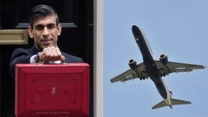 UK Chancellor Rishi Sunk and a domestic flight taking off from London City Airport. Photos: Wiktor Szymanowicz/Barcroft Media via Getty Images /  Nick Ansell/PA Images via Getty Images