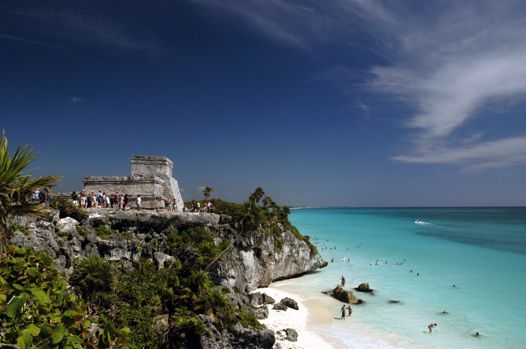 The Tulum temple overlooking the beach on the Yucatan Peninsula.