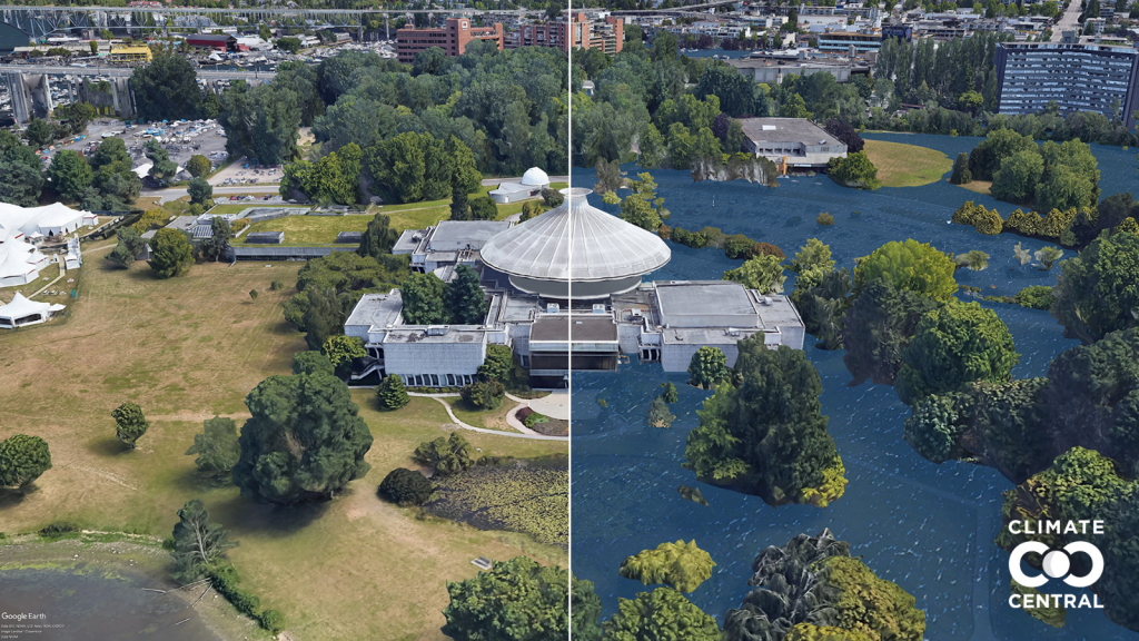 ​Vancouver, in present day (left) and if we allow unchecked carbon pollution—4 C global warming (right).