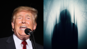 Left: Former President Donald Trump (Photo by Scott Olson/Getty Images) Right: A double exposure of a silhouette of a mysterious hooded figure standing in a forest at night (Getty Images)