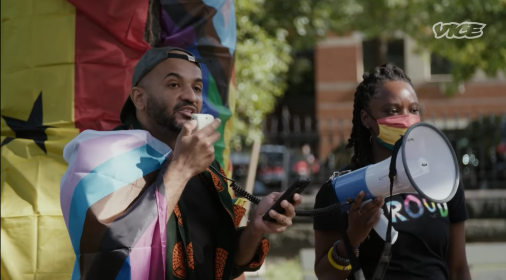 Protesters speak out against anti-LGBTQ bill.