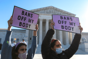 Pro-choice demonstrators protest abortion law outside of the US Supreme Court in Washington, DC on November 1, 2021.