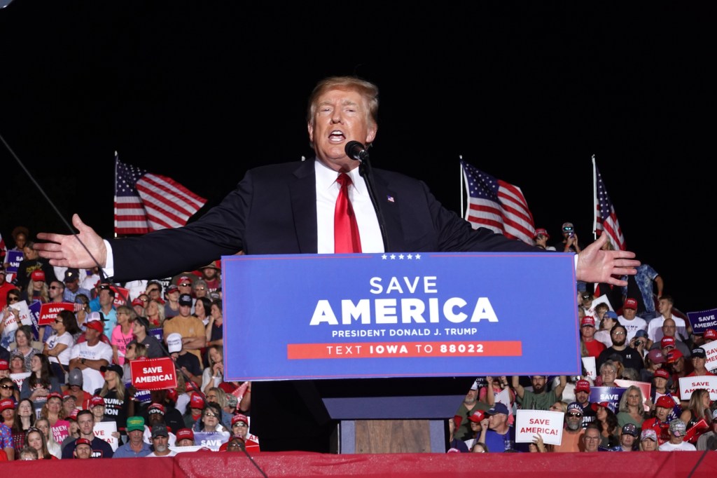 Former President Donald Trump speaks to supporters during a rally at the Iowa State Fairgrounds on October 09, 2021 in Des Moines, Iowa. (Scott Olson/Getty Images)​