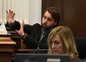 Gaige Grosskreutz testifies about permanent injuries to his right arm and hand as he testifies about being shot in the right bicep during the Kyle Rittenhouse trial at the Kenosha County Courthouse on November 8, 2021 in Kenosha, Wisconsin.