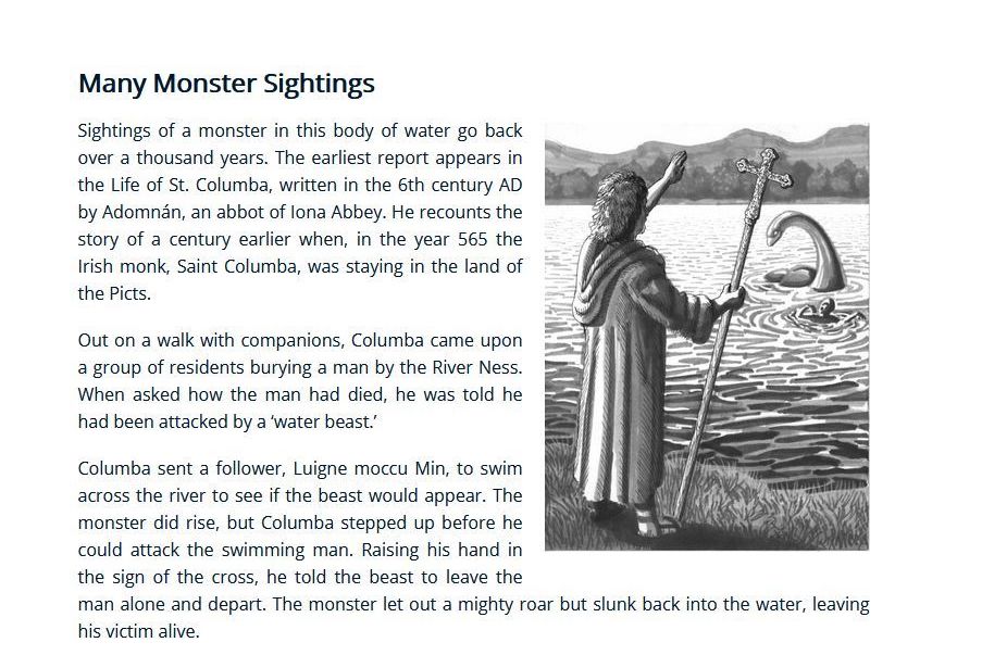 A page from one of the online course's modules, about the Loch Ness Moster, showing an illustration of a man encountering the monster while wearing robes and carrying a staff.