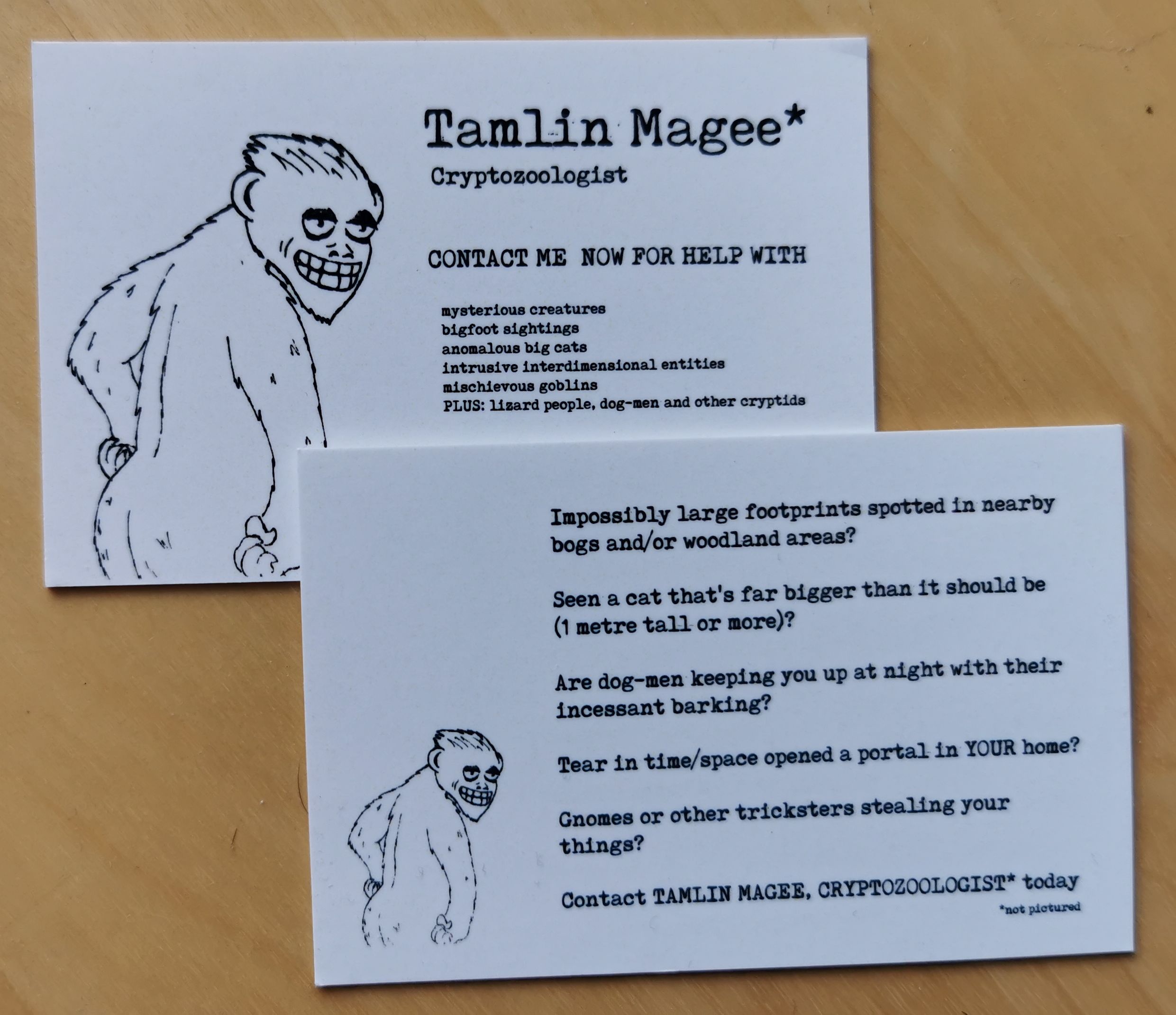 The author made business cards to advertise various cryptozoological services.