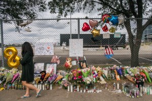 A memorial outside Houston's NGR Park, commemorating the 8 people who died at Astroworld