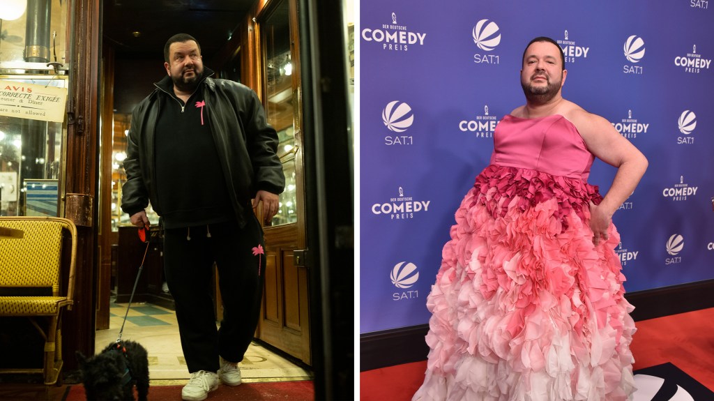 Comedian Oliver Polak in zwei Fotos. Oliver Polak kommt aus einem Lokal mit einem Hund an der Leine. Oliver Polak in einem pinken Kleid bei der Verleihung des Deutschen Fernsehpreises