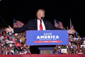 Former President Donald Trump speaks to supporters during a rally at the Iowa State Fairgrounds on October 09, 2021 in Des Moines, Iowa.