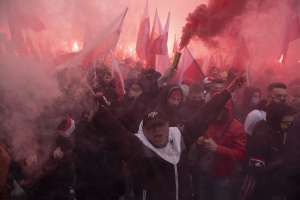 People marching in Warsaw on Polish National Independence Day in 2020. Photo: Aleksander Kalka/NurPhoto via Getty Images​