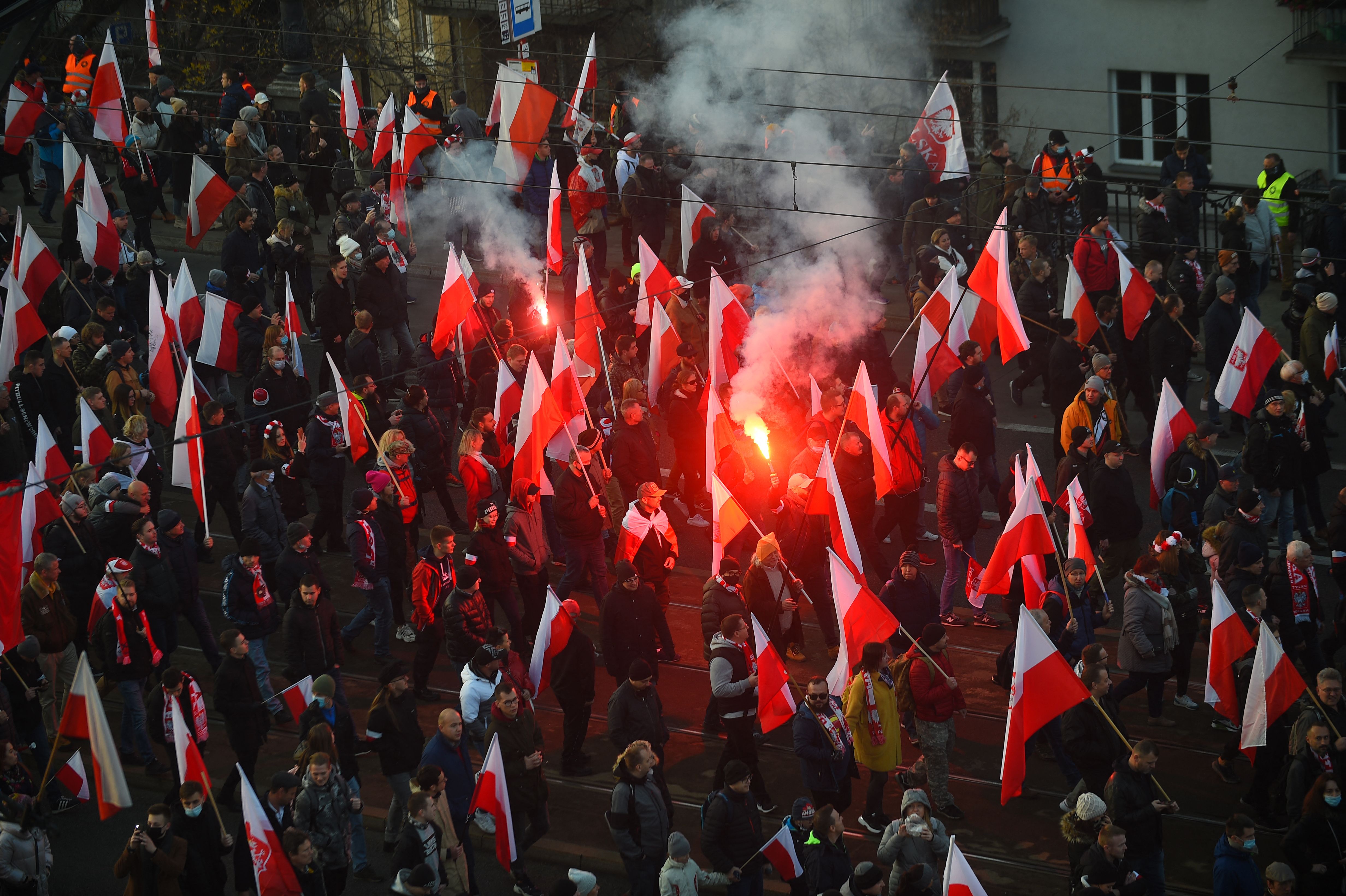 People march on Poland's National Independence Day in Warsaw. Photo: Adam Chelstowski / AFP