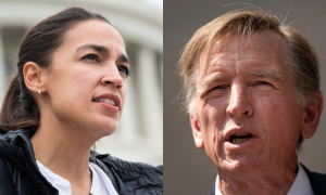 Rep. Alexandria Ocasio-Cortez, D-N.Y., on the House steps of the Capitol on August 03, 2021. (Tom Williams/CQ-Roll Call, Inc via Getty Images) / Rep. Paul Gosar (R-AZ) speaks during a news conference outside the U.S. Department of Justice on July 27, 2021