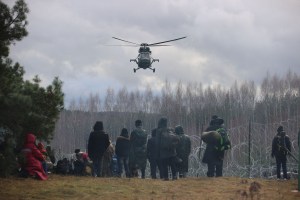 ​Migrants at the Belarusian-Polish border in the Grodno region.