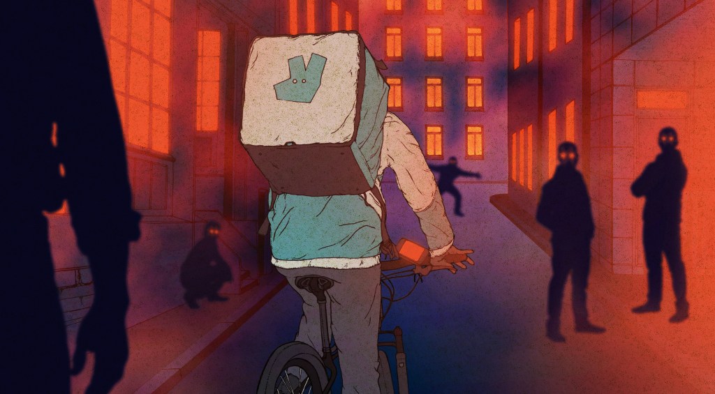 Sexism, delivery driving - Drawing of a Deliveroo driver on a bike, wearing a turqoise jacket and a silver bag.