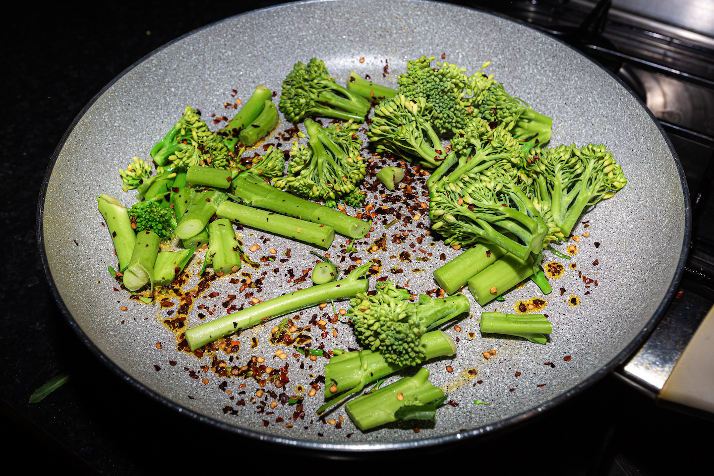 Chopped broccoli in a pan