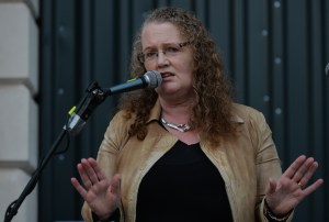 Professor Dolores Cahill, the chairperson of the Irish Freedom Party addresses the crowd during an anti-vaccination and anti-lockdown rally, on Saturday, November 28, 2020, in Dublin, Ireland. (Artur Widak/NurPhoto via Getty Images)