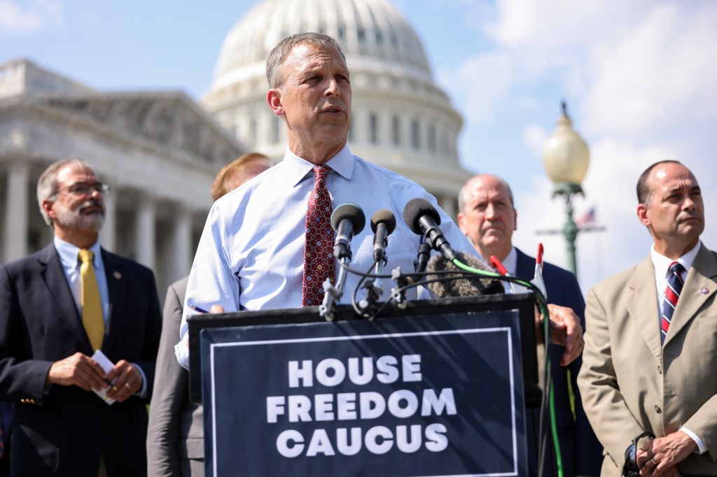 Rep. Scott Perry (R-PA), joined by members of the House Freedom Caucus at the Capitol on August 23, 2021 in Washington, DC.