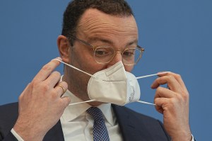 Jens Spahn attends a press conference on COVID vaccinations.