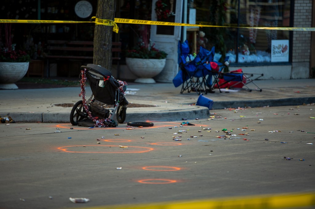 Debris left near following a driver plowing into the Christmas parade on Main Street in downtown November 22, 2021 in Waukesha, Wisconsin.