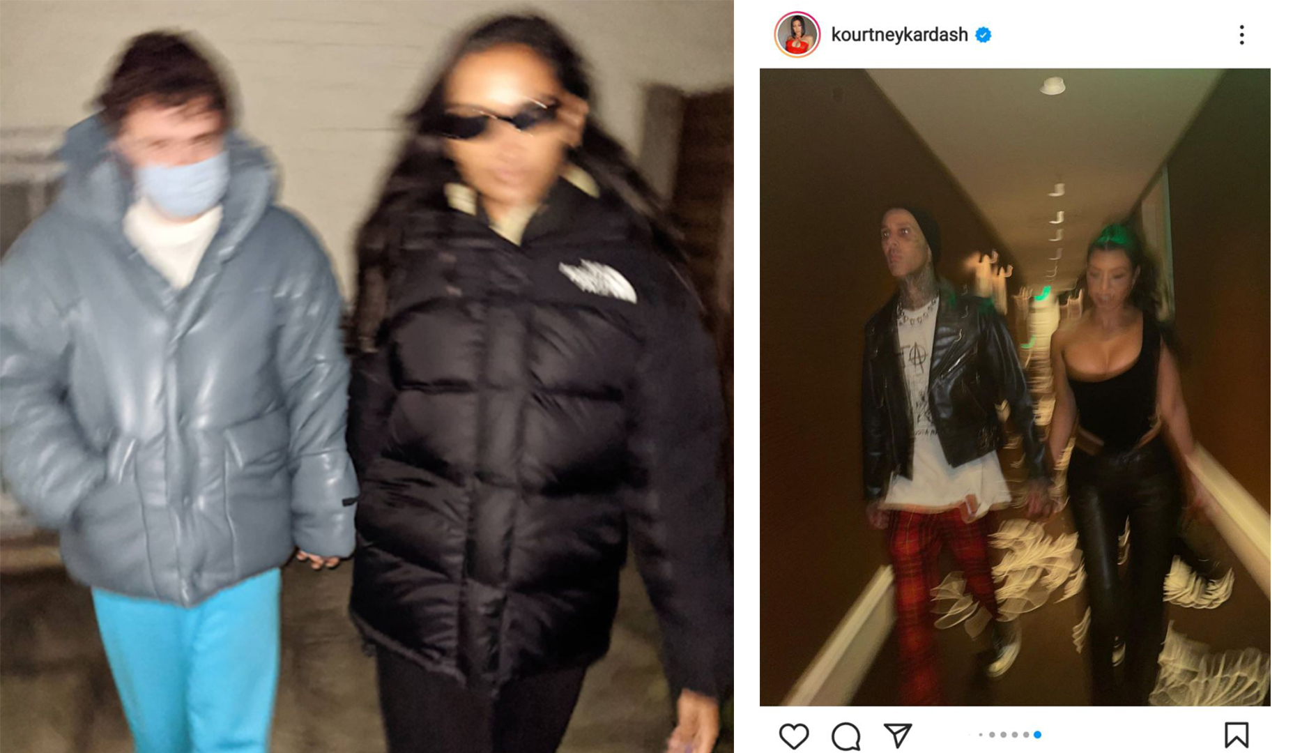 Travis Barker and Kourtney Kardashian walking along a corridor