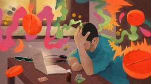 Man sits with his head in his hand at his computer, surrounded by psychedelic shapes.