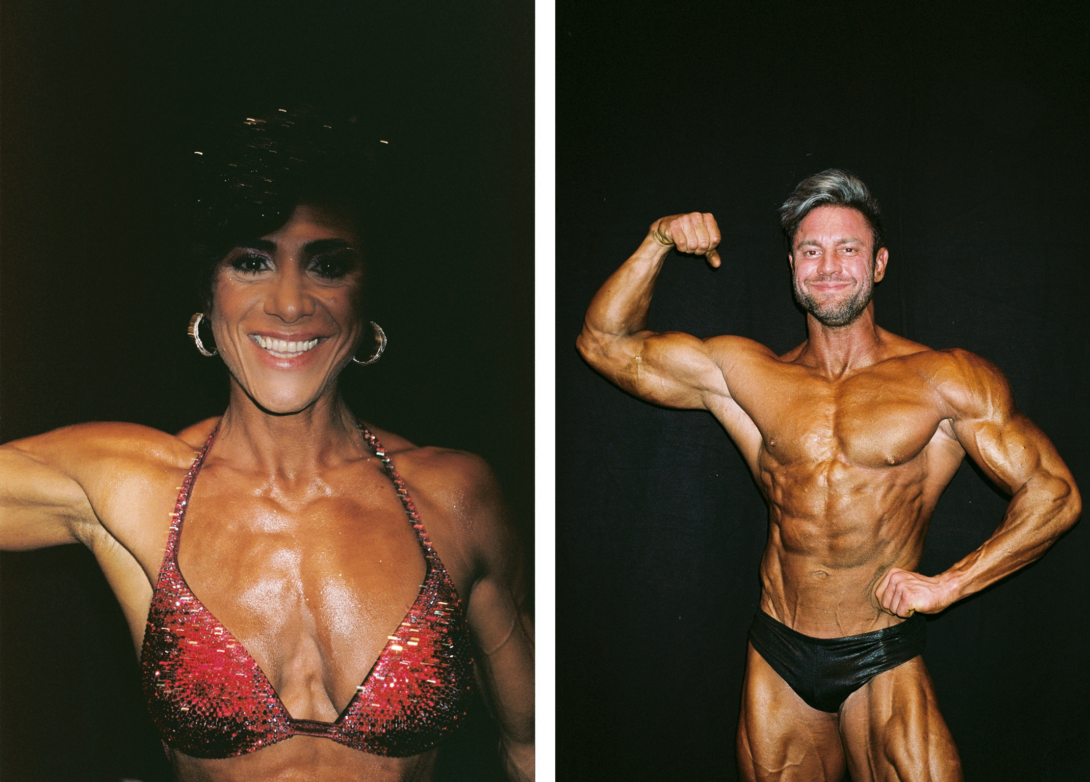 Nikolas-Petros Androbik, bodybuilding, photography - Composite image: photo on the left is a smiling female bodybuilder, photo on the right is a smiling male bodybuilder.