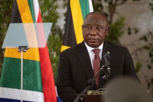 South African President Cyril Ramaphosa speaks during former South African President FW de Klerk's state memorial service at the Groote Kerk church in Cape Town.