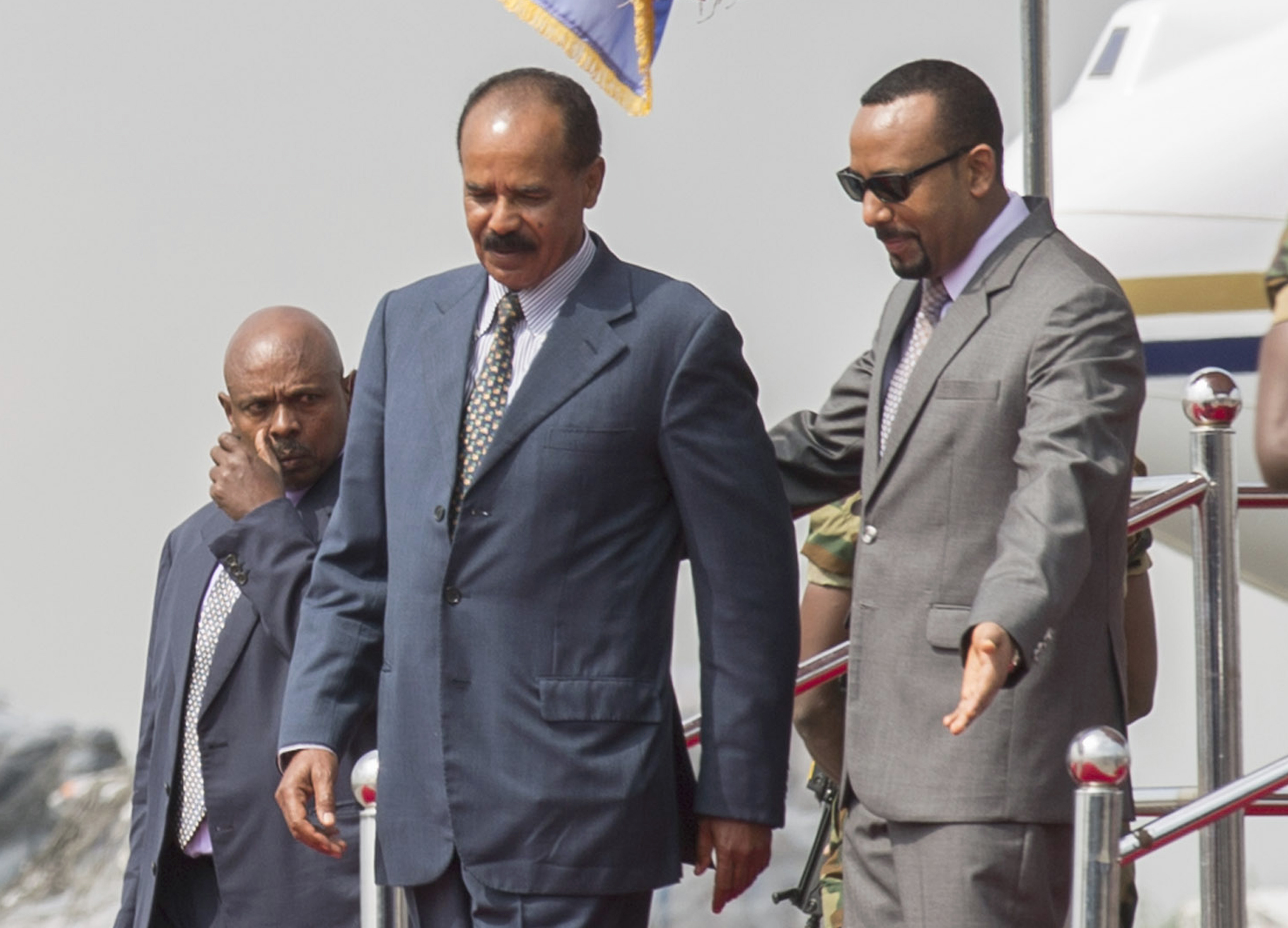 Eritrean President Isaias Afwerki (centre) is welcomed to Addis Ababa by Ethiopia's Prime Minister Abiy Ahmed in 2018. Photo: AP Photo Mulugeta Ayene