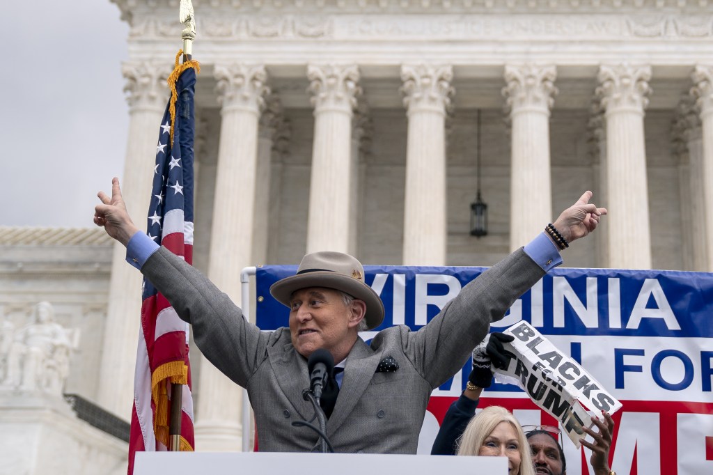 Roger Stone, former adviser to Donald Trump's presidential campaign, speaks during a protest outside the Supreme Court in Washington, D.C. on Jan. 5, 2021​.