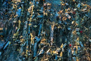 Aerial view of debris and structural damage at the Mayfield Consumer Products candle factory after tornadoes hit Mayfield, Kentucky on December 13, 2021.