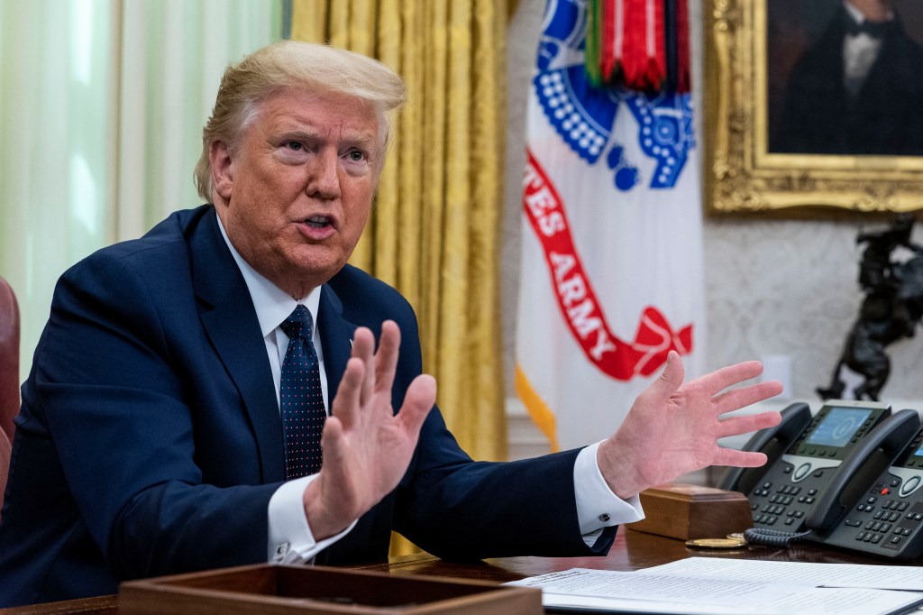 Former President Donald Trump speaks in the Oval Office before signing an executive order related to regulating social media on May 28, 2020 in Washington, DC.