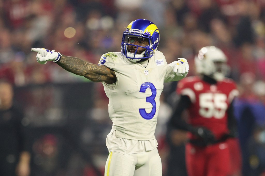 Wide receiver Odell Beckham Jr. of the Los Angeles Rams plays against the Arizona Cardinals on December 13, 2021 in Glendale, Arizona