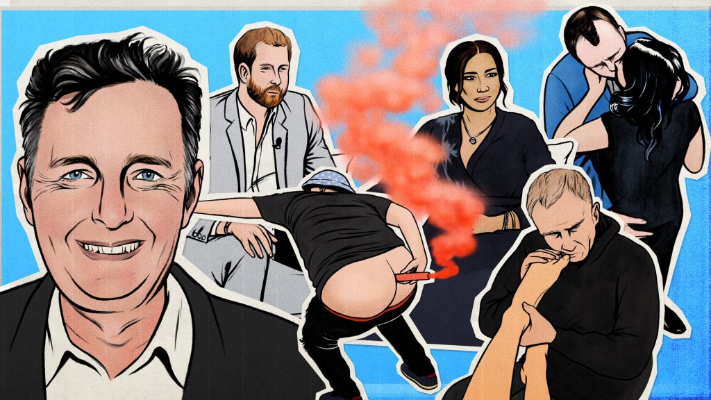 Illustration of Piers Morgan, Meghan and Harry, the Euros bum flare man, Paul Scholes and Matt Hancock kissing Gina Colangelo