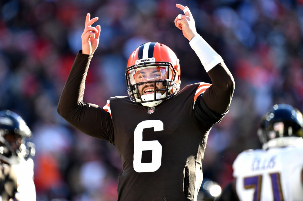 Baker Mayfield #6 of the Cleveland Browns reacts during the first half of the game against the Baltimore Ravens at FirstEnergy Stadium on December 12, 2021 in Cleveland, Ohio.