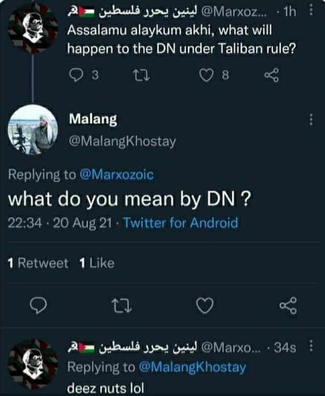 Malang Khostay 'deez nuts' Twitter exchange.