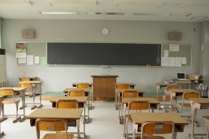 School desks in an empty classroom