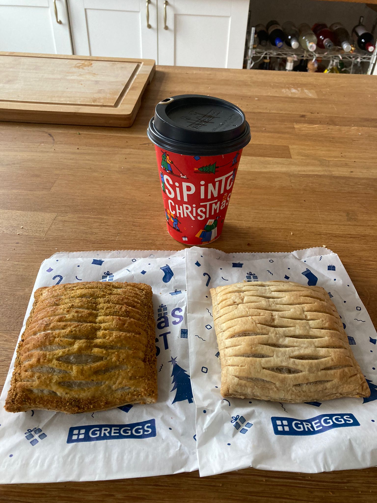 Greggs’s Festive Bake, Vegan Festive Bake and Mint Mocha.