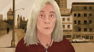 Illustration shows Lucy Sante with white hair and a red sweater in front of a sepia depiction of New York City.