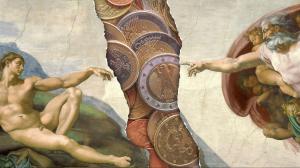 Religion, Germany, taxes - Composite image: Michelangelo’s ‘Creation of Adam’ split in two by stock image of coins.