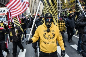 Members of the Proud Boys march in Manhattan against vaccine mandates on November 20, 2021 in New York City.