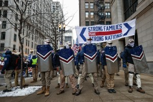 The white nationalist group Patriot Front attends the March For Life on January 8, 2022 in Chicago, Illinois.