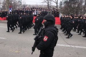 Paramilitaries march on the anniversary of the founding of the Republic Srpska. Photo: Miomir Jakovljevic/Anadolu Agency via Getty Image