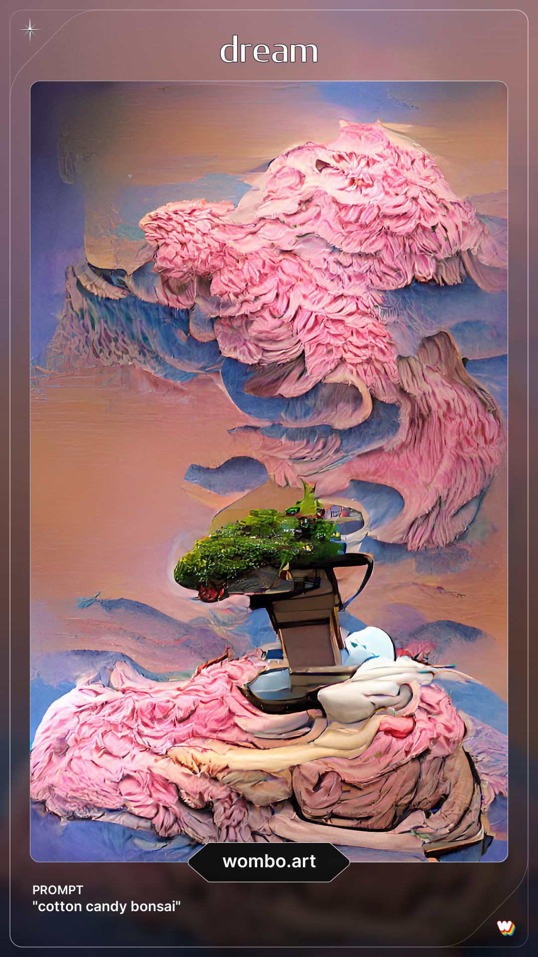 cotton candy bonsai made with WOMBO, an AI generated art app.