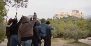 ​Screenshot from Departhenon​ showing the group cheering at the Parthenon.