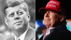 ​John F. Kennedy (L) who died in 1963. Donald Trump (r) alive in 2022 at an Arizona rally.