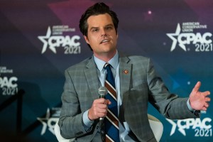 Representative Matt Gaetz, a Republican from Florida, speaks during panel at the Conservative Political Action Conference (CPAC) in Orlando, Florida, on Saturday, Feb. 27, 2021.