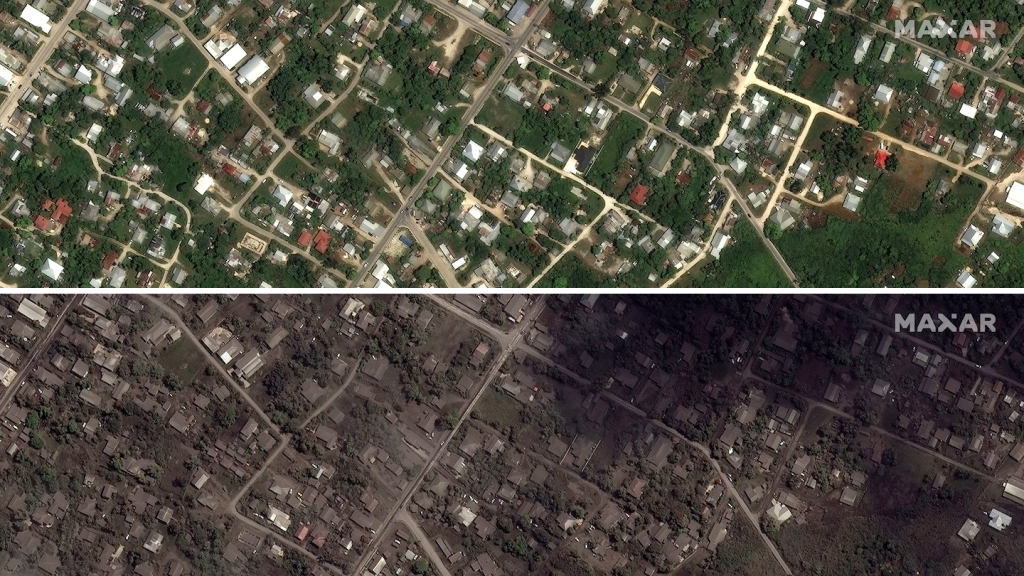 Satellite images released by Maxar Technologies shows residential homes and buildings in an area of Tonga on December 19, 2021 (top picture) and the same area on January 18, 2022 following the eruption of the Hunga-Tonga - Hunga-Haa'pai volcano.