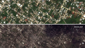 Satellite images released by Maxar Technologies shows residential homes and buildings in an area of Tonga on December 19, 2021 (top picture) and the same area on January 18, 2022 following the eruption of the Hunga-Tonga - Hunga-Haa'pai volcano.