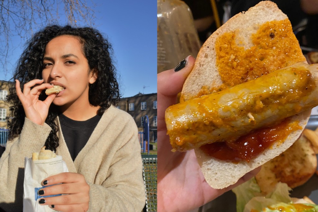 Carla Abreu eating a Greggs vegan sausage roll and holding up a Nandos bread.