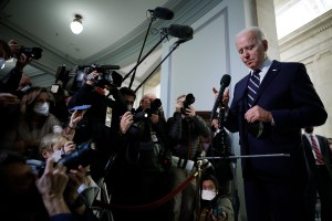 U.S. President Joe Biden talks to reporters after meeting with Senate Democrats about the filibuster January 13, 2022 in Washington, DC.